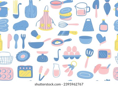 Cute Cooking Equipment illustration pattern semless in kawaii flat design hand drawing.