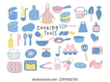 Cute Cooking Equipment illustration set in kawaii flat design hand drawing