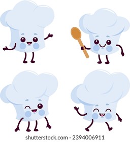 Cute cooking hat characters. Cartoon chef caps smiling and holding a rolling pin. Bakery cooking hats. Vector illustration.