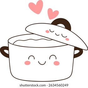 A cute cooking pot with smiling face and hearts above it, expressing joy in kitchen