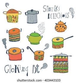Cute cooking pots and lettering. Colored vector set. Trendy background for scrapbook paper, textile, web and packaging.