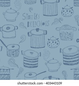 Cute cooking pots and lettering. Seamless vector pattern. Trendy background for scrapbook paper, textile, web and packaging.