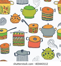 Cute cooking pots and lettering. Seamless vector pattern. Trendy background for scrapbook paper, textile, web and packaging.