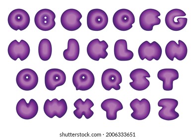 Cute cool 3d glossy shine sweet melt drip paint lilac word logo. Latin typeface element set bright violet color draw funny comic artist style. Closeup macro view light white wet water toy typeset deco