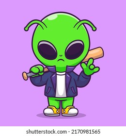 Cute Cool Alien With Baseball Bat Cartoon Vector Icon Illustration. Science Technology Icon Concept Isolated Premium Vector. Flat Cartoon Style