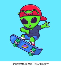 Cute Cool Alien Playing Skateboard Cartoon Vector Icon Illustration. Science Sport Icon Concept Isolated Premium Vector. Flat Cartoon Style