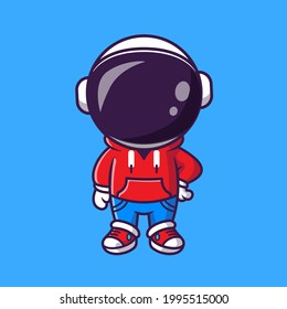 Cute Cool Astronaut With Jacket And Jeans Cartoon Vector Icon Illustration. Science Fashion Icon Concept Isolated Premium Vector. Flat Cartoon Style