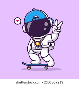 Cute Cool Astronaut Playing Skateboard Cartoon Vector Icon Illustration. Science Sport Icon Concept Isolated Premium Vector. Flat Cartoon Style
