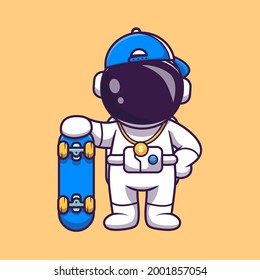 Cute Cool Astronaut With Skateboard Cartoon Vector Icon Illustration. Science Sport Icon Concept Isolated Premium Vector. Flat Cartoon Style