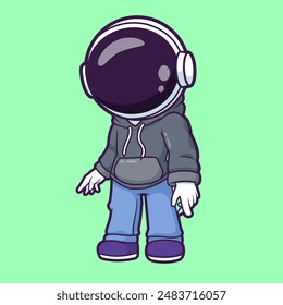 Cute Cool Astronaut Wearing Hoodie Jacket Cartoon Vector Icon Illustration. Science Holiday Icon Concept Isolated Premium Vector. Flat Cartoon Style