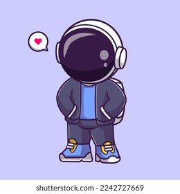 Cute Cool Astronaut Wearing Jacket Cartoon Vector Icon Illustration. Science Fashion Icon Concept Isolated Premium Vector. Flat Cartoon Style