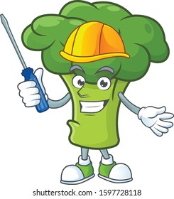 Cute and cool automotive green broccoli presented in mascot design