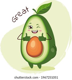 Cute cool avocado character winks with thumbs up. Emoji stickers with avocado. 