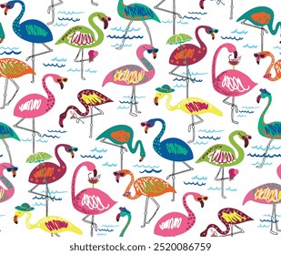 Cute and cool beautiful flamingos tropical colorful birds illustration wallpaper background seamless pattern repeat print textile fabric vector artwork