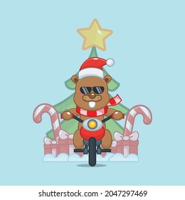 Cute cool beavers in cristmas day riding a motorcycle. Cute christmas cartoon illustration