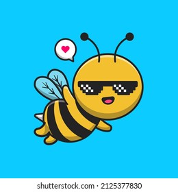 Cute Cool Bee Wearing Glasses Cartoon Vector Icon Illustration. Animal Nature Icon Concept Isolated Premium Vector. Flat Cartoon Style