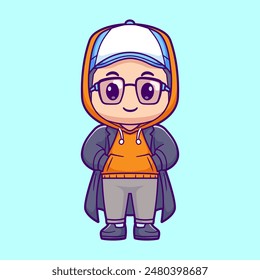 Cute Cool Boy Wearing Glasses And Hoodie Jacket Cartoon Vector Icon Illustration. People Fashion Icon Concept Isolated Premium Vector. Flat Cartoon Style