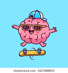 Cute Cool Brain Playing Skateboard Cartoon Vector Icon Illustration. Science Sport Icon Concept Isolated Premium Vector. Flat Cartoon Style