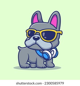 Cute Cool Bulldog with Glasses and Headphone Cartoon Vector Icon Illustration. Animal Holiday Icon Concept Isolated Premium Vector. Flat Cartoon Style