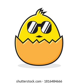 Cute and cool cartoon baby chicken emoticon. chick emoji, vector clip art illustration