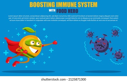 cute and cool cartoon character orange hero fights viruses and bacteria. concept of food functioning to boost the immune system.
vector illustration.