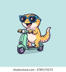 A cute and cool cartoon leopard gecko wearing sunglasses, happily riding a mint green scooter. The gecko has a cheerful expression, enjoying its ride.
