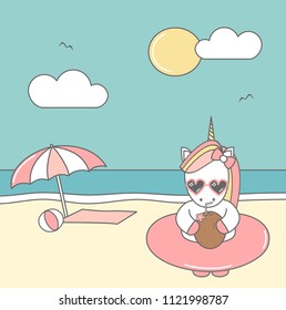 cute cool cartoon unicorn with sunglasses, float and coconut juice on the beach funny summer vector illustration