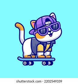 Cute Cool Cat Playing Skateboard Cartoon Vector Icon Illustration. Animal Sport Icon Concept Isolated Premium Vector. Flat Cartoon Style