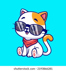 Cute Cool Cat Sitting With Glasses Cartoon Vector Icon Illustration. Animal Nature Icon Concept Isolated Premium Vector. Flat Cartoon Style