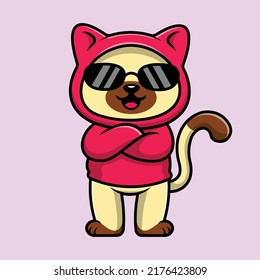 Cute Cool Cat Wearing Eyeglasses And Hoodie Cartoon Vector Icon Illustration. Animal Fashion Icon Concept Isolated Premium Vector