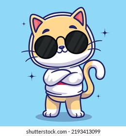 Cute cool cat wearing eyeglasses   hoodie cartoon vector icon illustration  animal fashion icon concept isolated