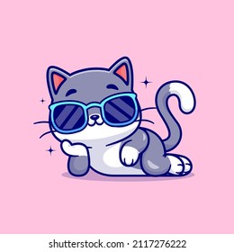 Cute Cool Cat Wearing Glasses Cartoon Vector Icon Illustration. Animal Nature Icon Concept Isolated Premium Vector. Flat Cartoon Style