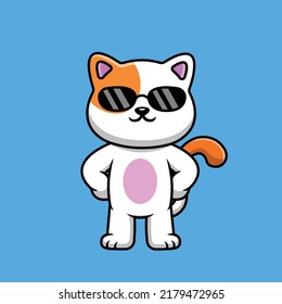 Cute Cool Cat Wearing Glasses Standing Cartoon Vector Icon Illustration. Animal Flat Cartoon Concept