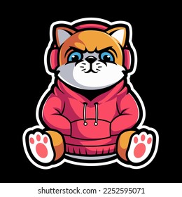 Cute cool cats wearing hoodie with headphone vector cartoon illustration