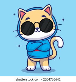 Cute cool cat-wearing eye glasses and hoodie cartoon vector icon illustration. animal fashion icon concept isolated