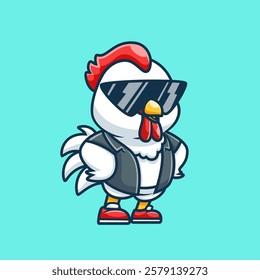 Cute Cool Chicken Wearing Jacket And Glasses Cartoon Vector Icon Illustration. Animal Fashion Icon Concept Isolated Premium Vector. Flat Cartoon Style