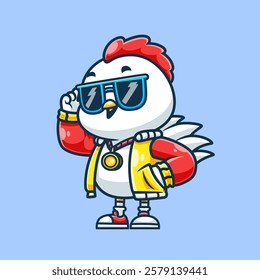 Cute Cool Chicken Wearing Jacket And Glasses Cartoon Vector Icon Illustration. Animal Fashion Icon Concept Isolated Premium Vector. Flat Cartoon Style