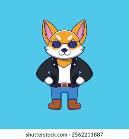 Cute Cool Corgi In Leather Jacket And Sunglass Cartoon Vector Icon Illustration.