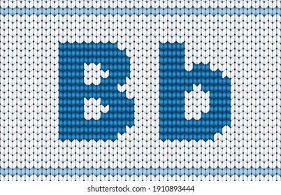 Cute cool cotton material crochet darn jumper capital B icon logo. Typeface set blue color cartoon draw old folk Xmas line art style. Closeup macro view light white abstract handicraft typeset decor