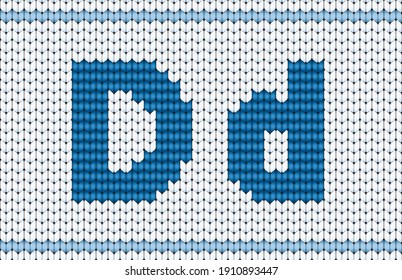 Cute cool cotton material crochet darn jumper capital D icon logo. Typeface set blue color cartoon draw old folk Xmas line art style. Closeup macro view light white abstract handicraft typeset decor