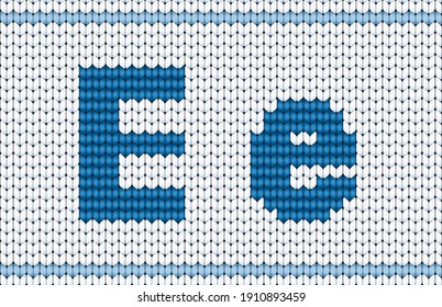 Cute cool cotton material crochet darn jumper capital E icon logo. Typeface set blue color cartoon draw old folk Xmas line art style. Closeup macro view light white abstract handicraft typeset decor