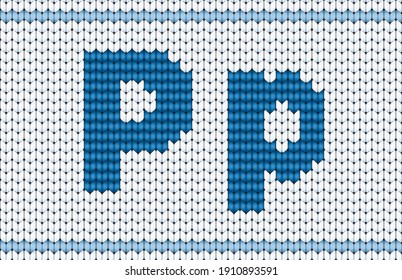 Cute cool cotton material crochet darn jumper capital P icon logo. Typeface set blue color cartoon draw old folk xmas line art style. Closeup macro view light white abstract handicraft typeset decor