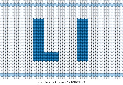 Cute cool cotton material crochet darn jumper capital L icon logo. Typeface set blue color cartoon draw old folk xmas line art style. Closeup macro view light white abstract handicraft typeset decor