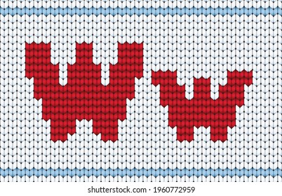 Cute cool cotton material crochet darn jumper capital word icon logo. Typeface set red color cartoon draw old folk xmas line art style. Closeup macro view light white abstract handicraft typeset decor