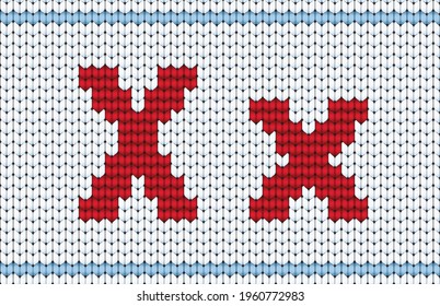 Cute cool cotton material crochet darn jumper capital word icon logo. Typeface set red color cartoon draw old folk xmas line art style. Closeup macro view light white abstract handicraft typeset decor