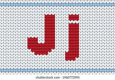 Cute cool cotton material crochet darn jumper capital word icon logo. Typeface set red color cartoon draw old folk xmas line art style. Closeup macro view light white abstract handicraft typeset decor