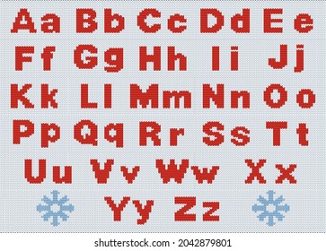 Cute cool cotton material crochet darn jumper capital word icon logo. Typeface set red color cartoon draw old folk xmas line art style. Closeup macro view light white abstract handicraft typeset decor