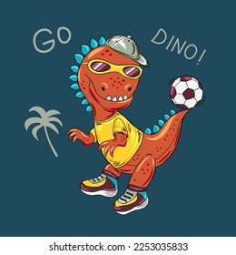 Cute cool dinosaur playing football. Cartoon line art vector illustration of mascot character. Design for print perfect for boys t-shirt, pajama, clothes.