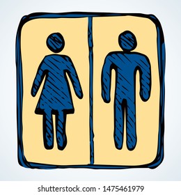 Cute cool employees loo website set element on white door. Outline black ink hand drawn simple flat round web ui gent partner group love logo emblem image in retro art doodle cartoon print style