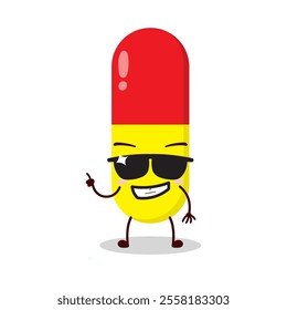 cute cool expression of drug capsule cartoon character wear sunglasses 
